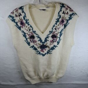 Cottagecore VTG Ivory Sweater Vest Fair Isle Floral Design Oversized Granny Sz M